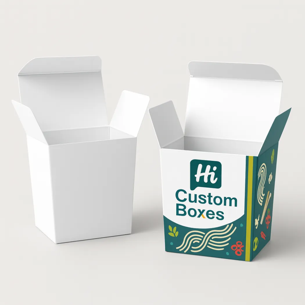 Pair of open printed noodle boxes- displaying a simple white interior and branded teal exterior- class=